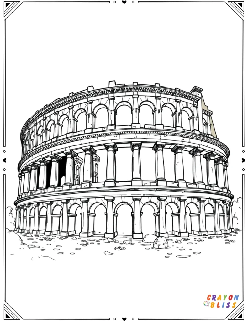 Printable Roman Colosseum architecture coloring sheet featuring arches and ruins.