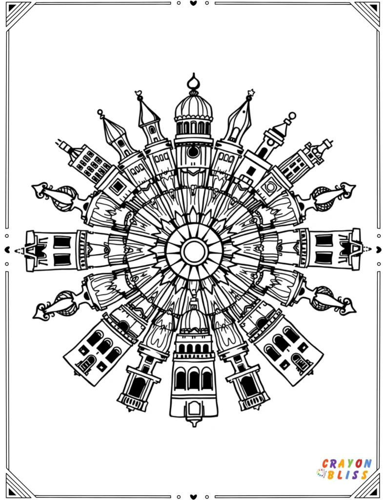 Mandala design formed with architectural elements like domes and arches.