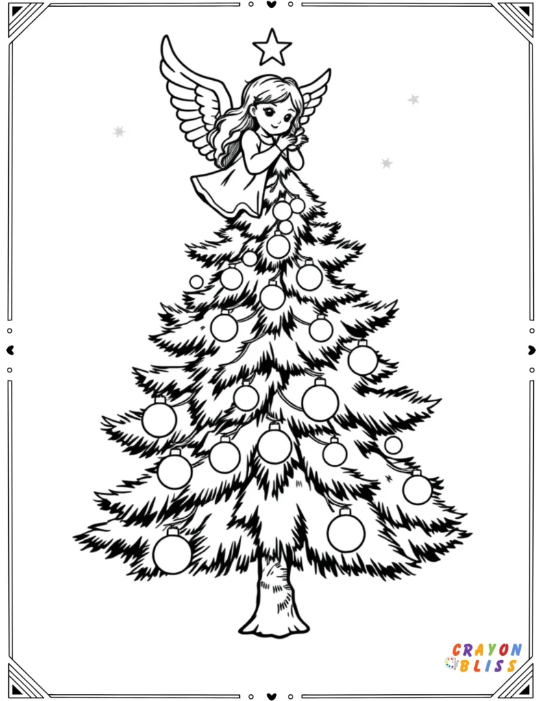 Black and white outline of Christmas tree with an angel topper and ornaments