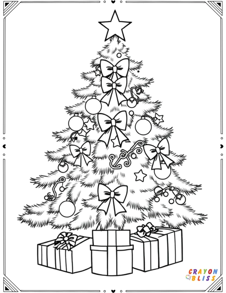 Christmas tree surrounded by gifts, bows, and ornaments – printable coloring page