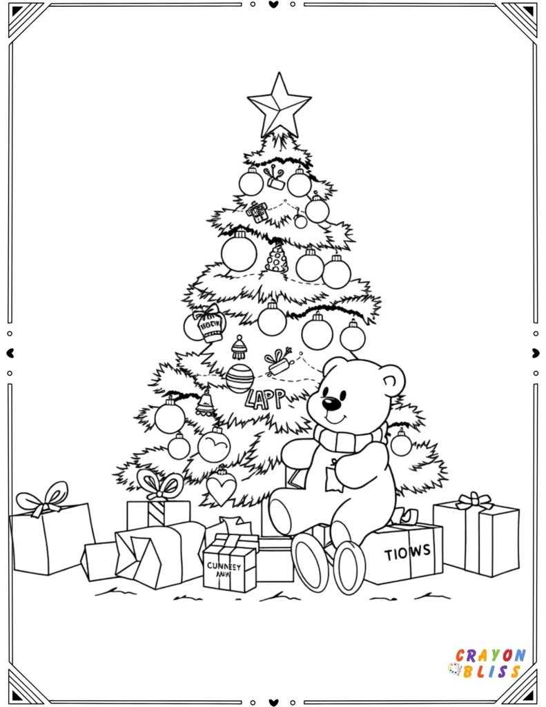 Christmas tree with teddy bear, toy train, and gifts – simple line drawing