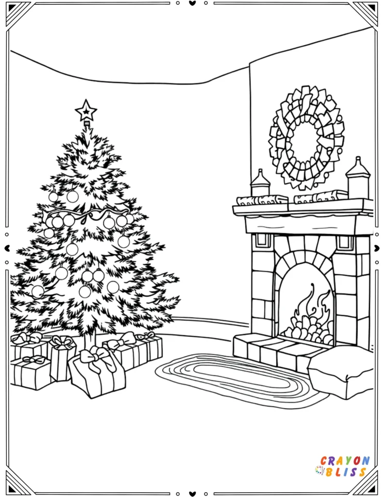 Living room with Christmas tree and fireplace – black and white coloring page