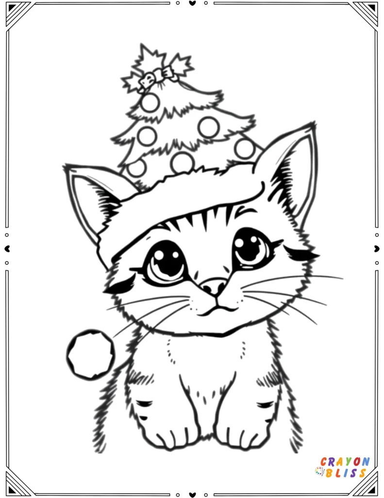 Cartoon cat with a Christmas tree hat, ornaments and star – kids coloring page