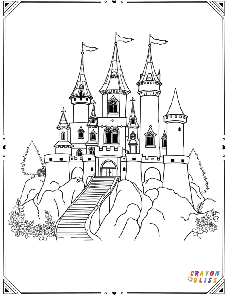 Whimsical fantasy castle with towers and details for coloring.