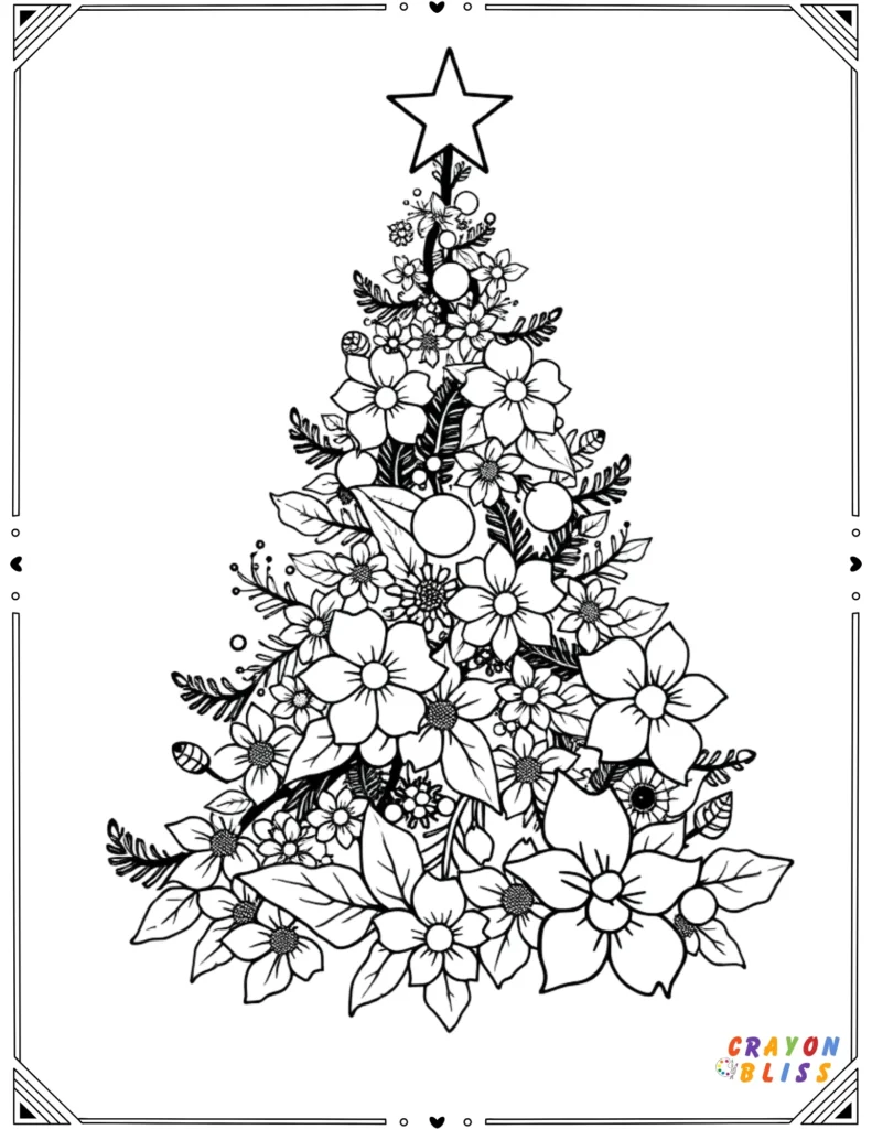 Christmas tree made of floral elements – detailed line art for adult coloring