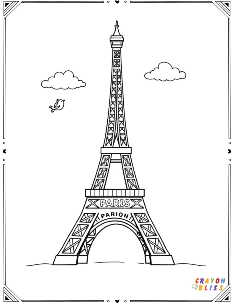 Hand-drawn Eiffel Tower coloring page in line art style for printing or digital coloring.