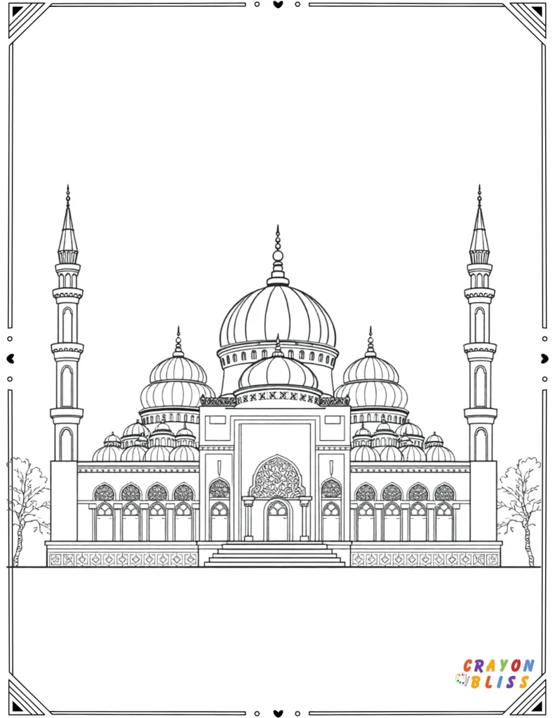 Islamic mosque architecture coloring page with domes, minarets, and geometric patterns.