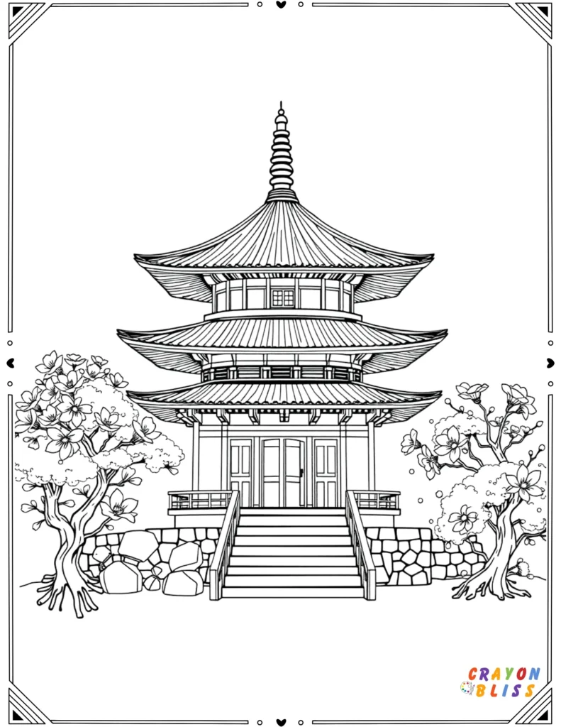 Traditional Japanese pagoda with tiered roofs and sakura trees for printable coloring.