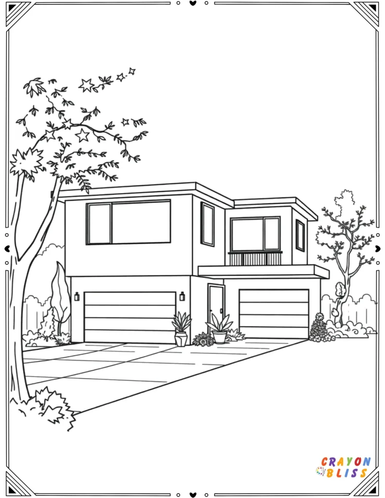 Line drawing of a modern architecture home with large windows and a clean roofline.