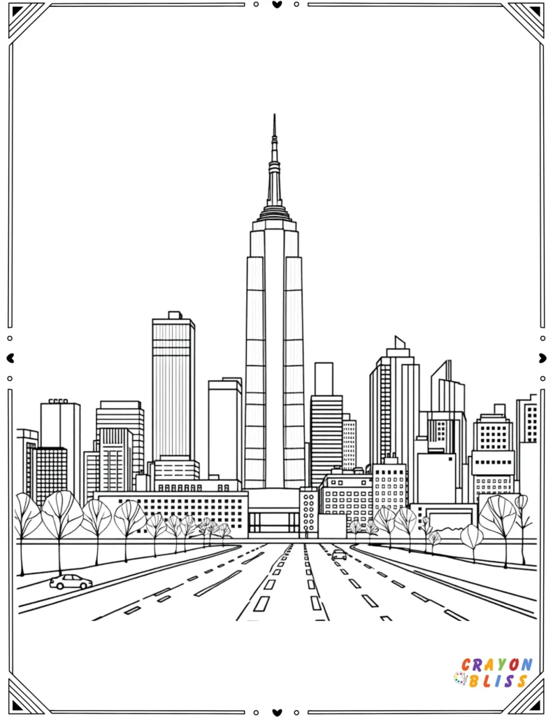 Line-art of New York City skyline featuring skyscrapers and urban details for coloring.