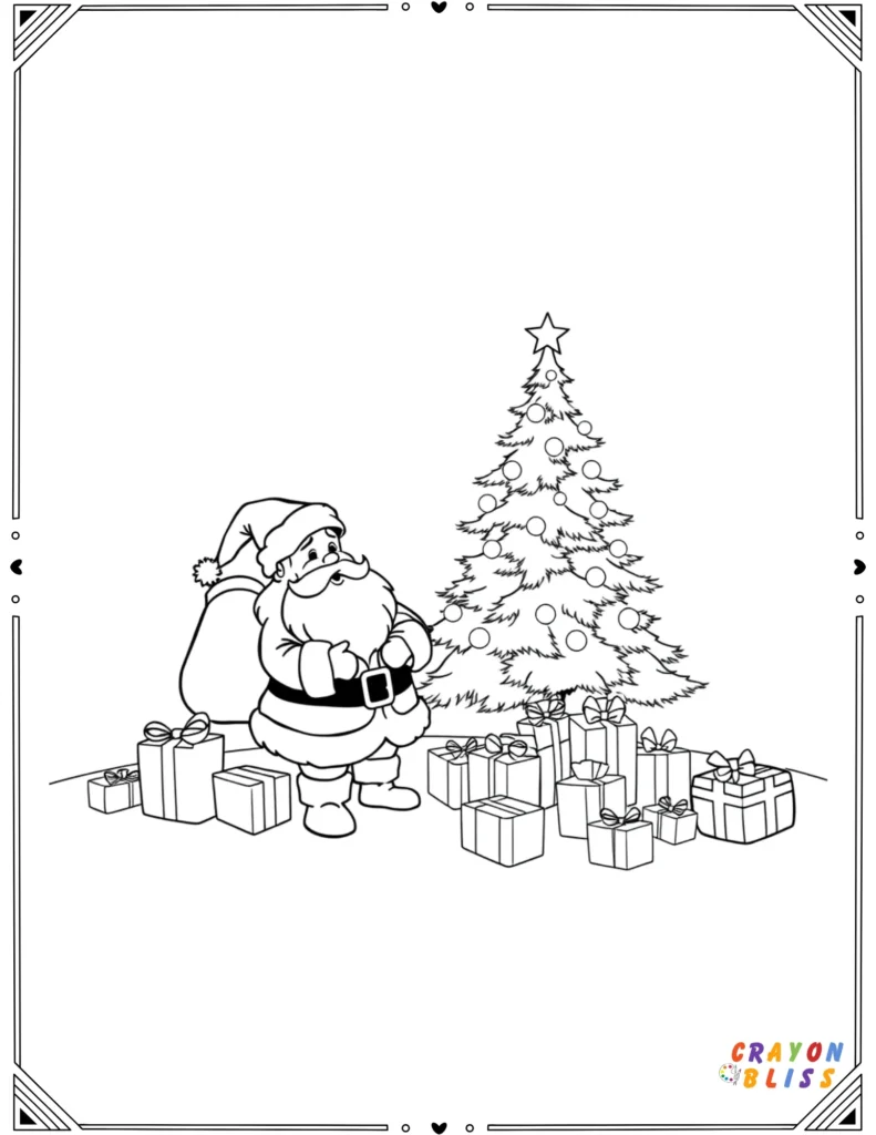 Santa putting presents under a decorated Christmas tree – black and white outline