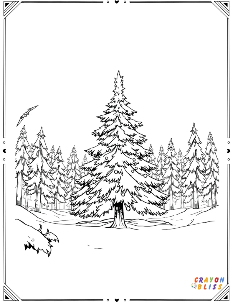 Line art of a Christmas tree in a snowy forest with falling snow – printable coloring page