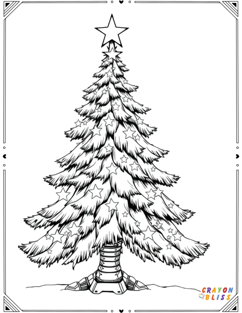 Outlined Christmas tree with stars, sparkles, and ornaments – coloring page