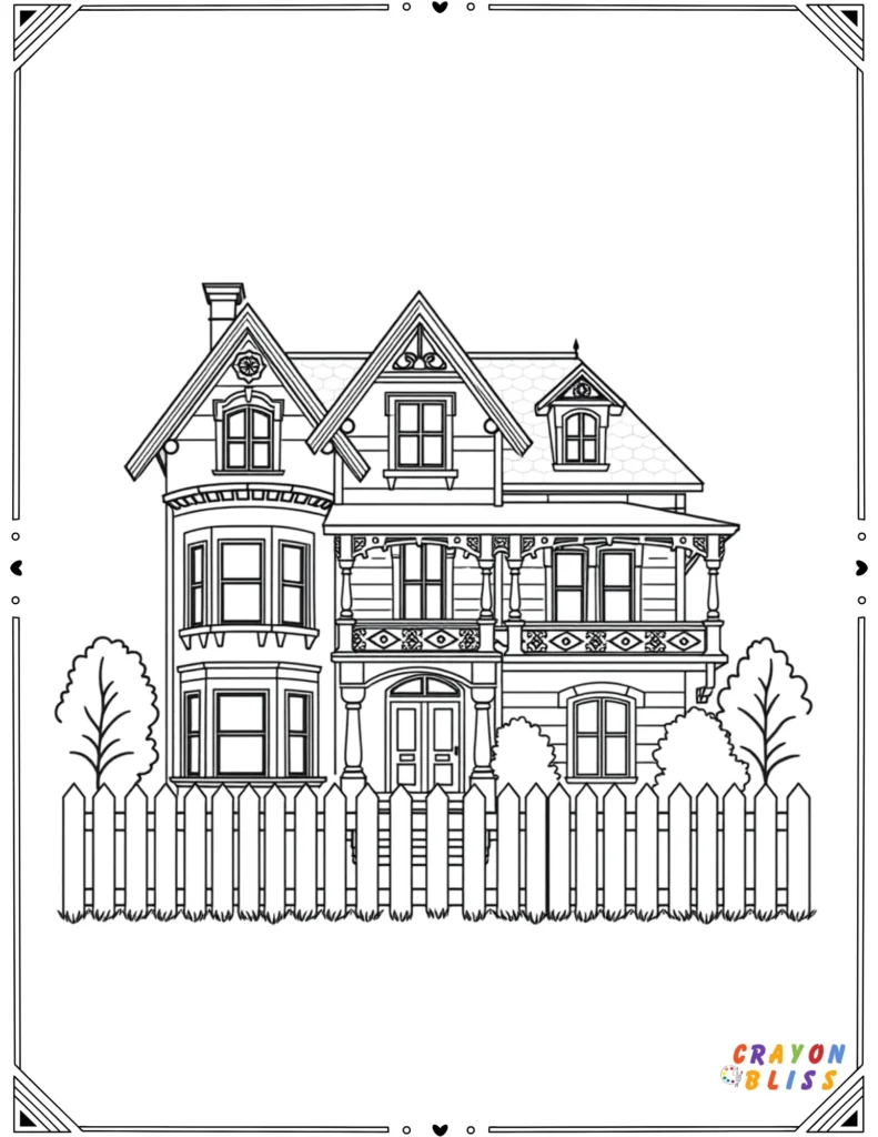 Intricate Victorian-style house with gables, trim, and windows for coloring.
