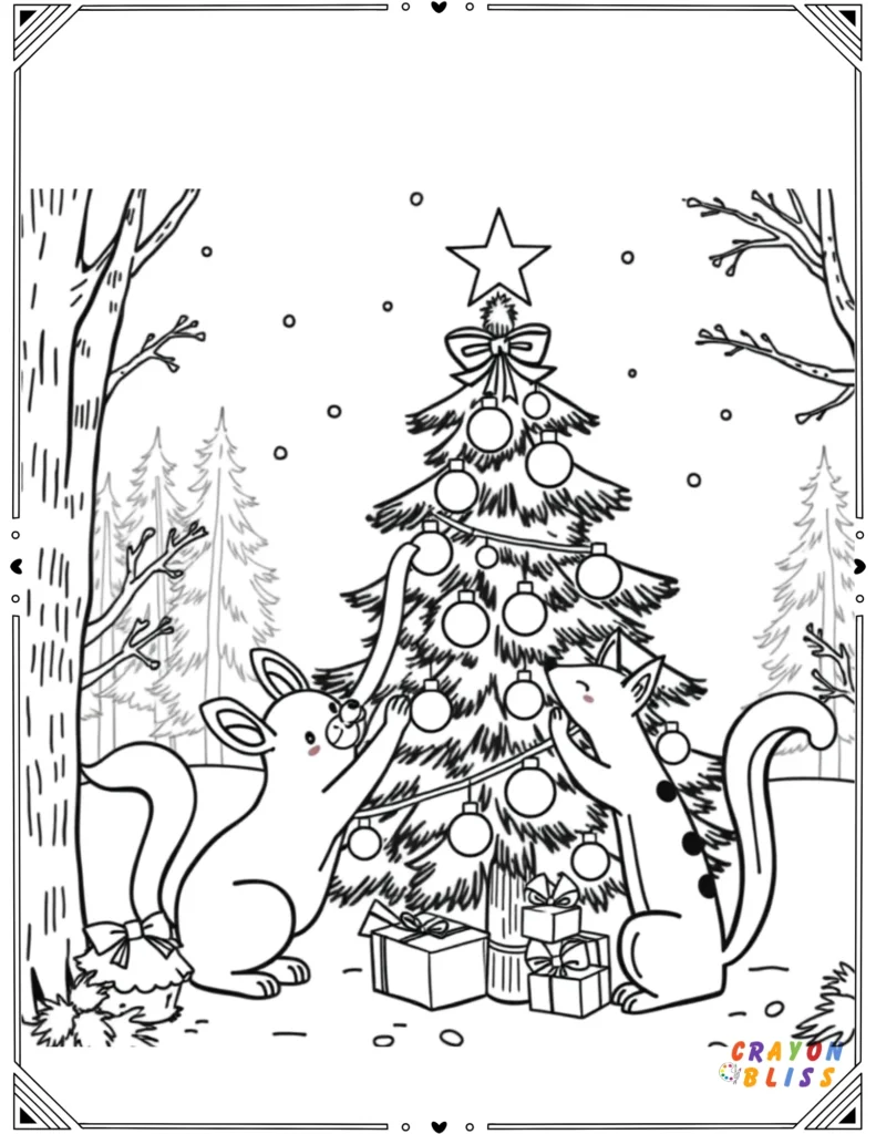 Rabbit, fox, and squirrel decorating a Christmas tree – black and white line art