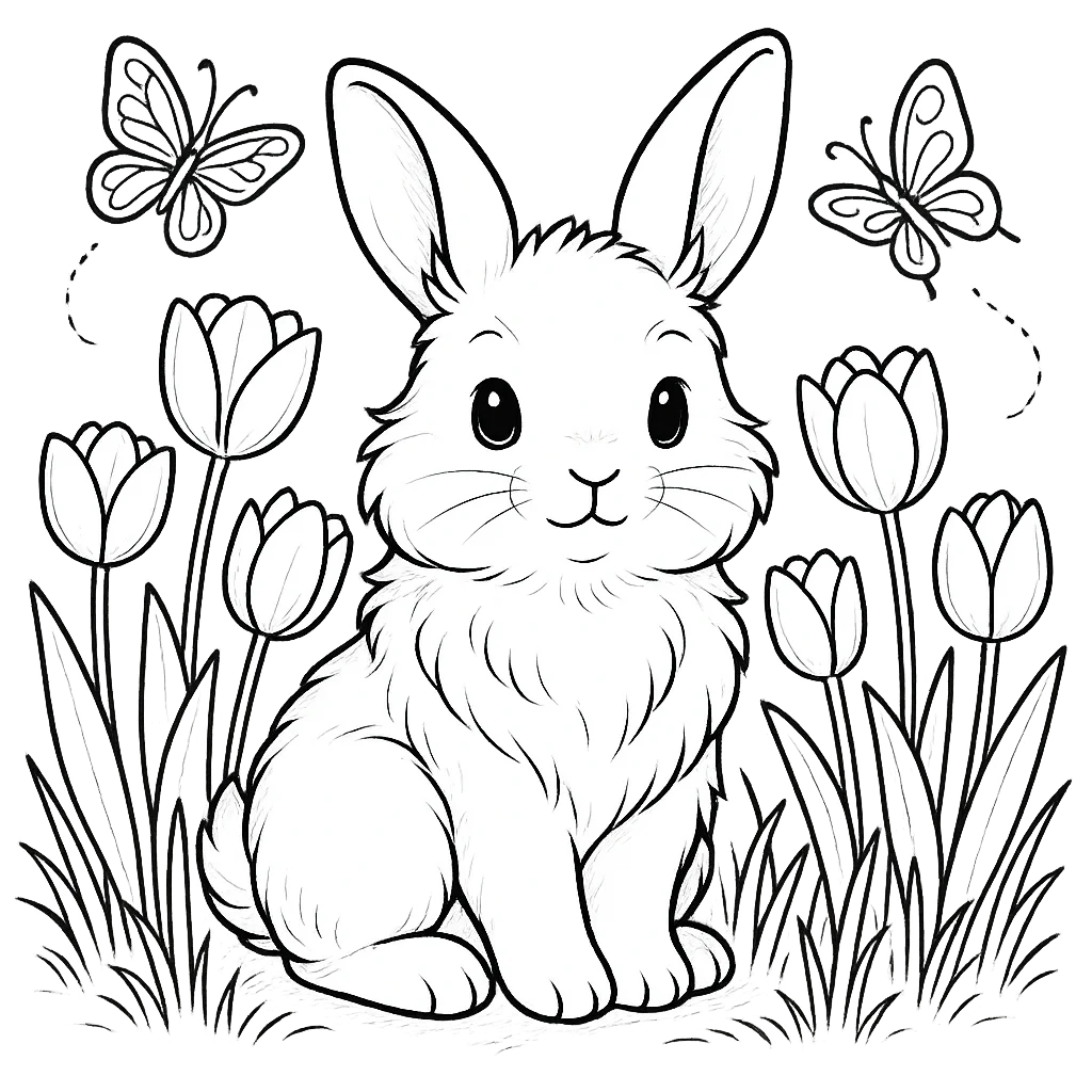 Bunny sitting among spring flowers and butterflies, black and white line art for kids to color.