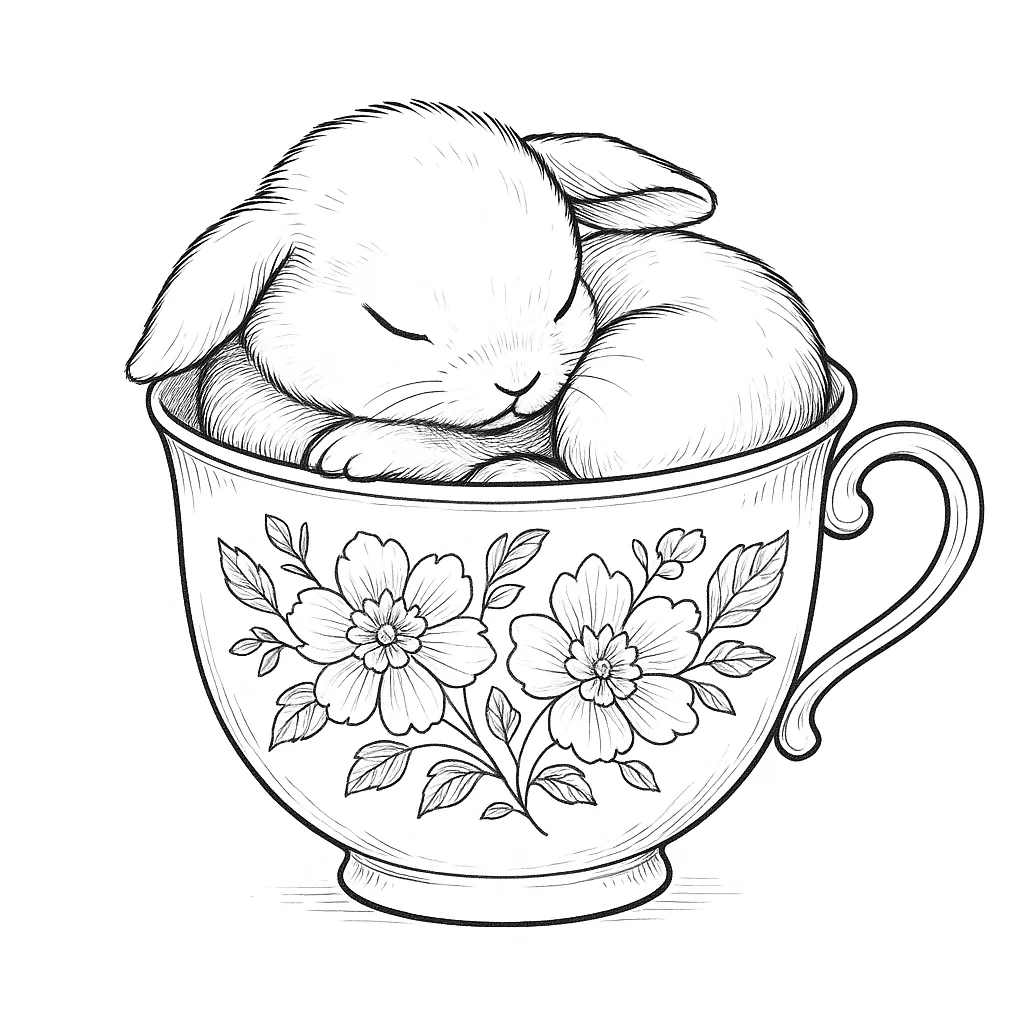 A baby bunny curled up in a vintage teacup, floral design, for gentle and relaxing coloring.
