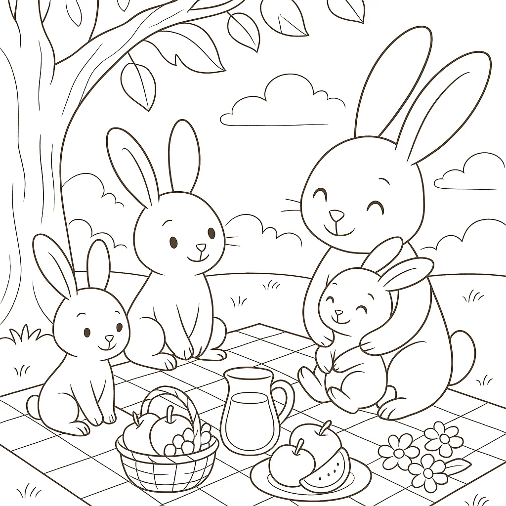 A bunny family having a picnic under a tree with fruit, smiling in a cute line art scene.