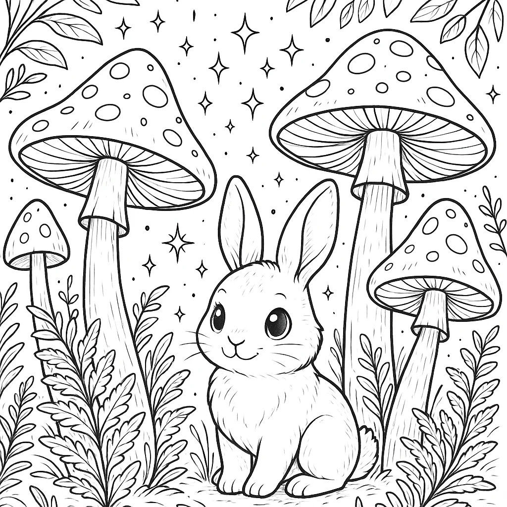 Fantasy bunny surrounded by mushrooms and ferns in a magical forest scene, black and white.
