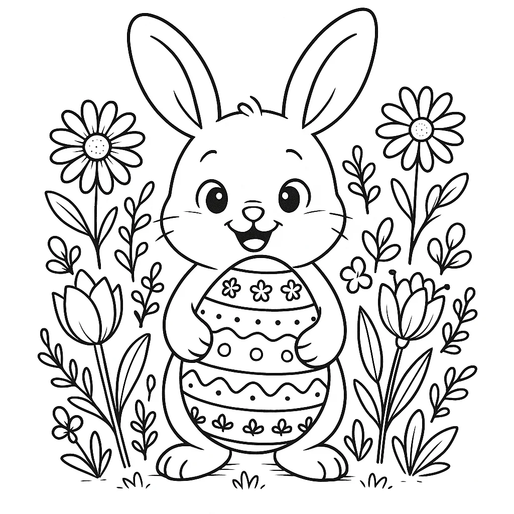 Happy bunny holding a large decorated Easter egg with patterns, perfect for spring coloring.