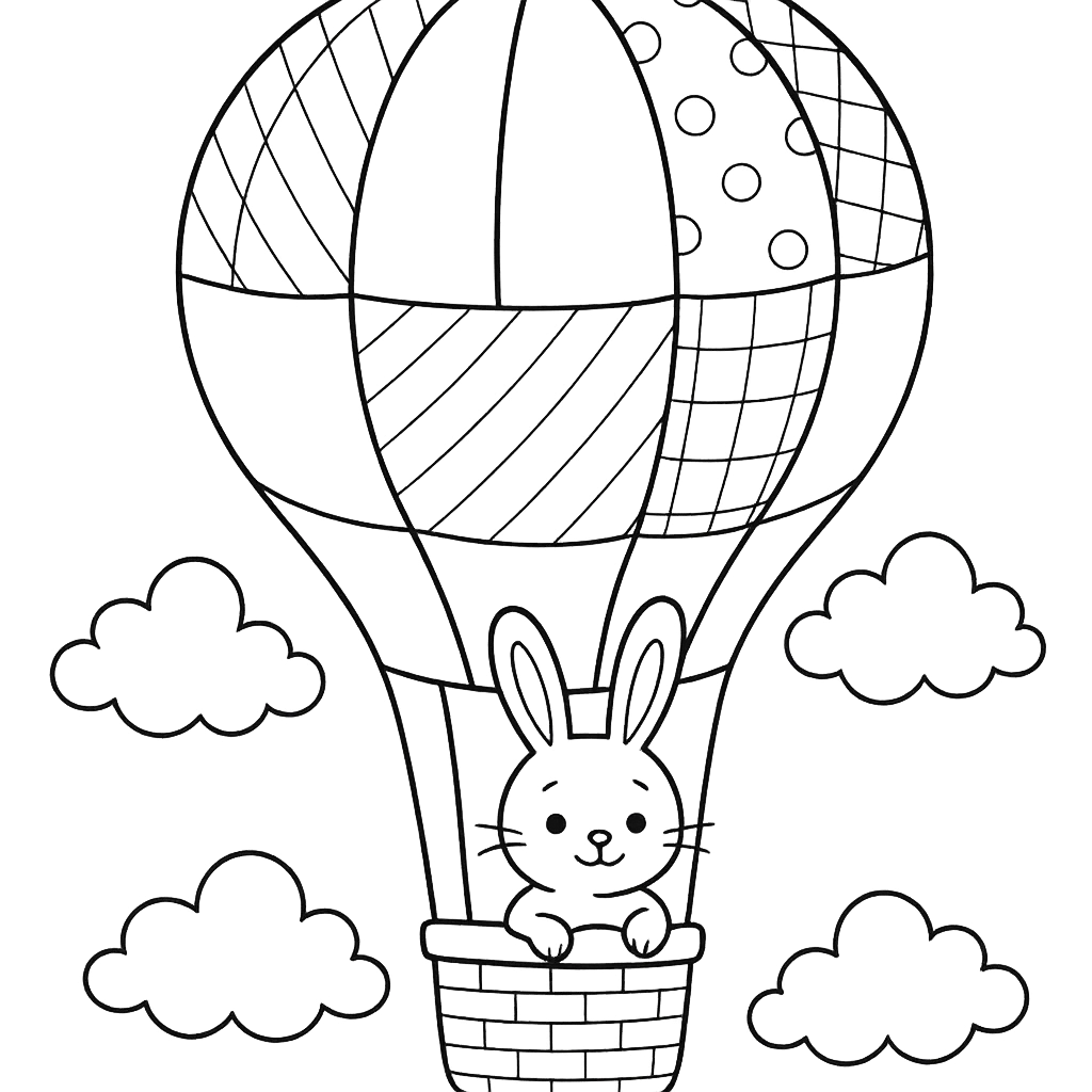 Bunny flying in a patchwork hot air balloon, surrounded by clouds in a simple line drawing.
