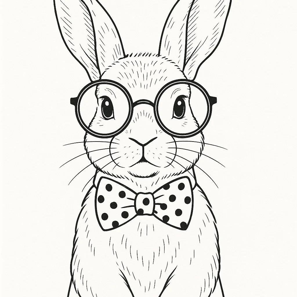 A modern bunny wearing glasses and a bowtie, outlined for fun adult or teen coloring.
