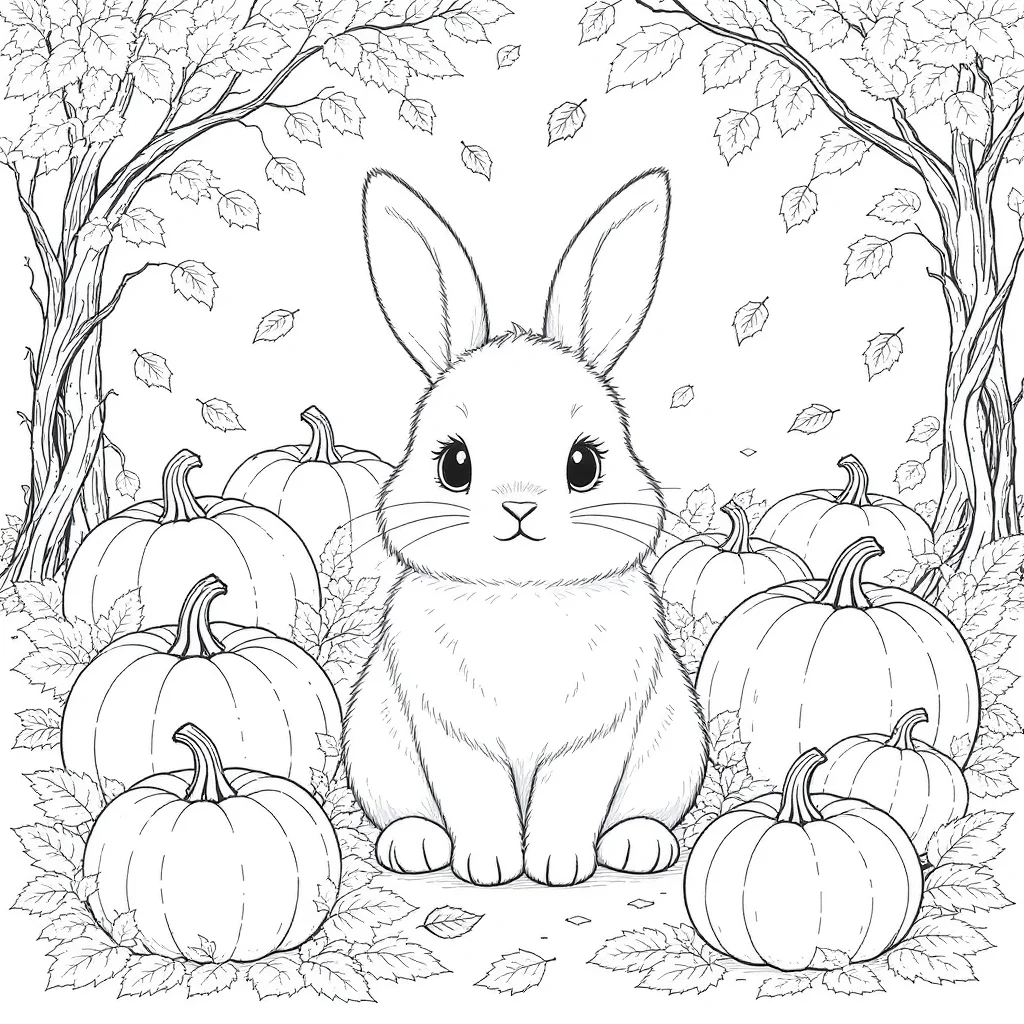 Bunny surrounded by pumpkins and leaves in a cozy autumn setting, detailed for coloring.