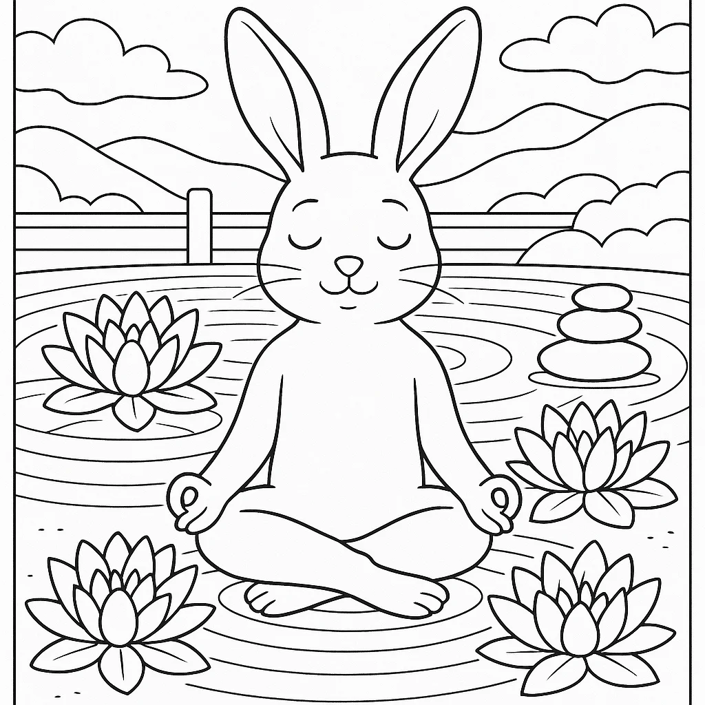 Calm bunny in meditation pose with lotus flowers, ideal for mindful coloring.