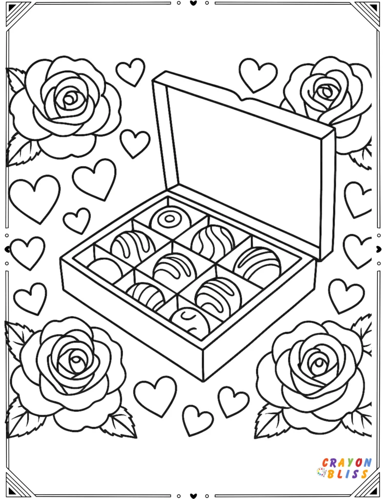 valentine's day coloring pages of an open chocolate box with roses and candy hearts, perfect for gift-themed crafts.