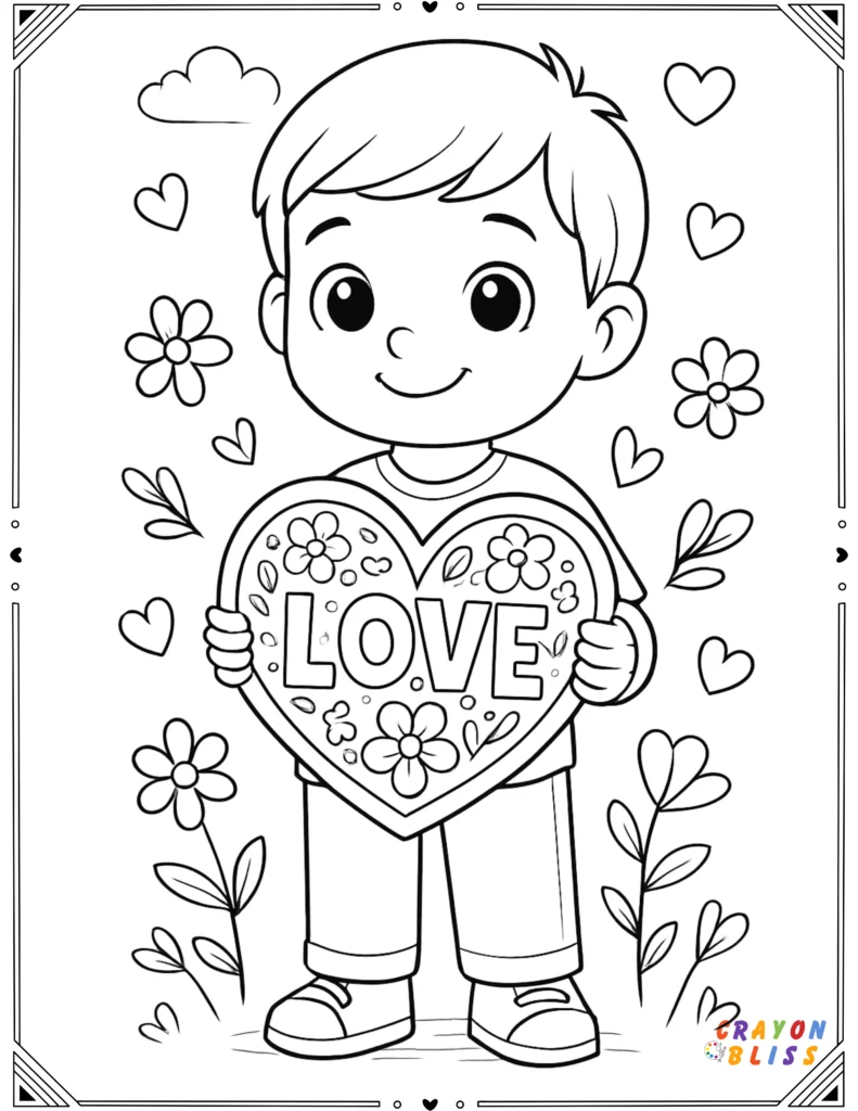 Boy Holding Valentine Card – Printable Coloring Sheet