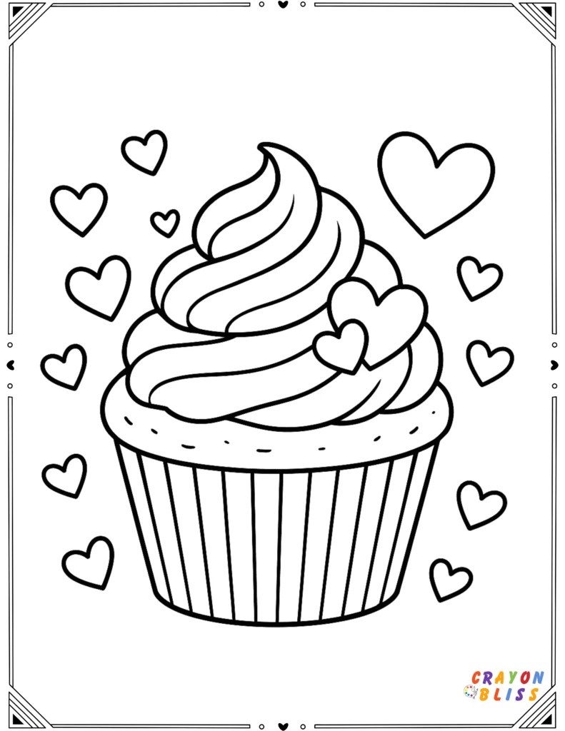 Cute cupcake with frosting and scattered candy hearts, perfect for a sweet Valentine’s Day coloring activity.
