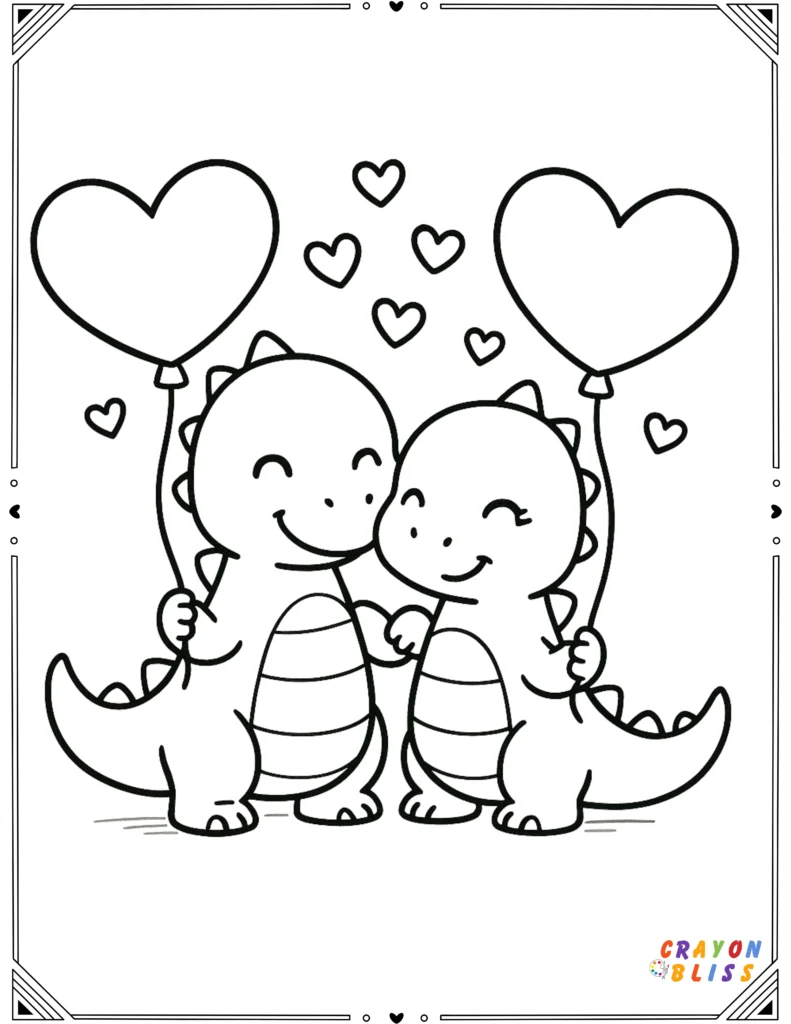 Cartoon dinosaur couple holding heart-shaped balloons, smiling with hearts floating around them.