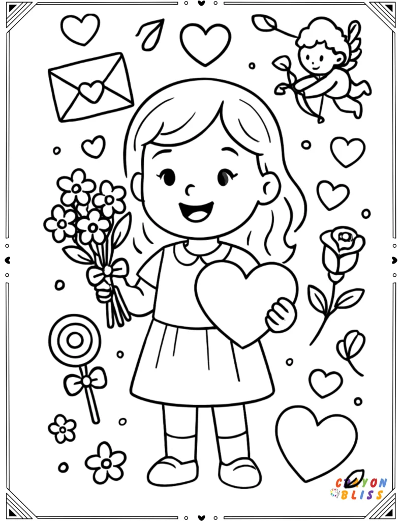 Black and white illustration of a cheerful girl holding flowers and a heart sign for Valentine’s Day