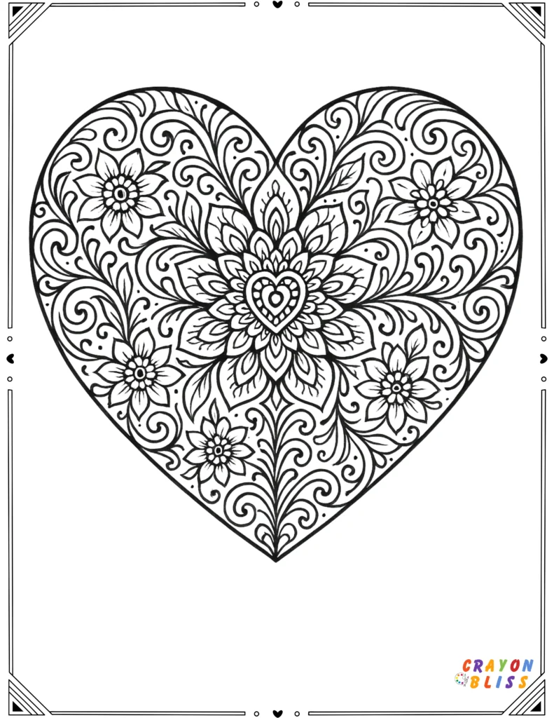 Detailed heart-themed mandala coloring page with floral patterns, perfect for adults and teens.