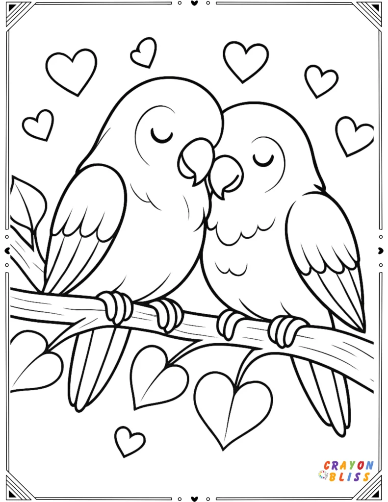 Two lovebirds cuddling on a tree branch with heart-shaped leaves and a romantic background for Valentine’s Day.