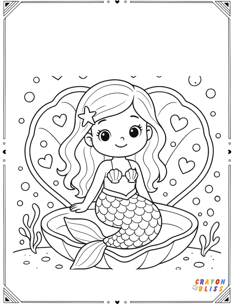 Whimsical mermaid sitting in a heart-shaped shell surrounded by bubbles and underwater hearts.