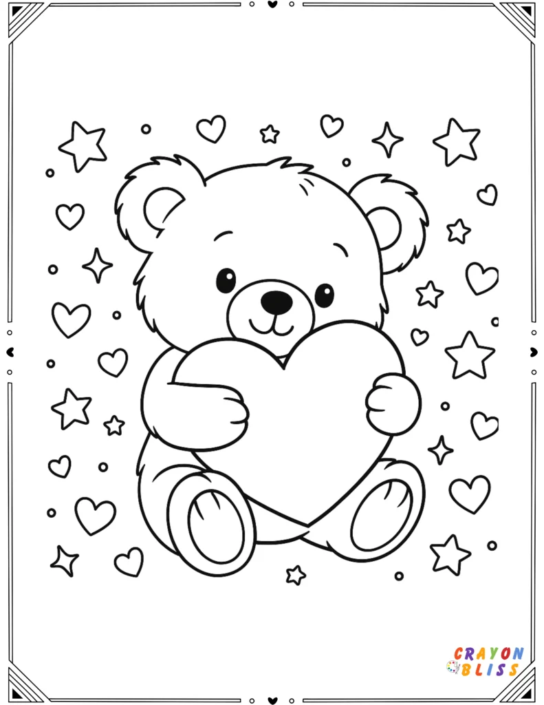 Fluffy teddy bear hugging a big heart, with small stars and hearts in the background.